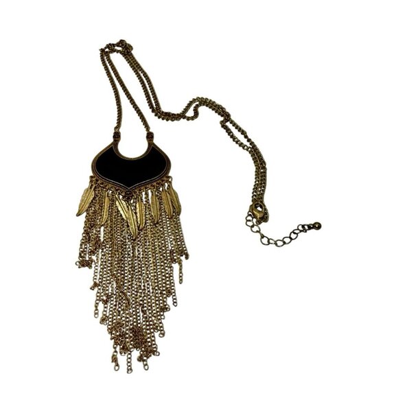 Black Enamel Amulet Goldtone Feather Very Long Necklace Tassels BOHO Ethnic Goth - Picture 7 of 9